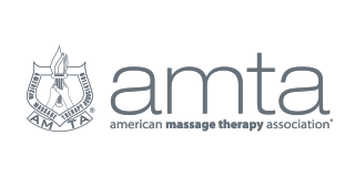 Logo featuring a torch emblem bordered by "AMTA" on a shield, accompanied by the text "amta" and "american massage therapy association" in a minimalist, professional style on a white background.