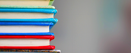 Colorful stack of hardcover books stands vertically, edges facing outward, against a muted, blurred background, emphasizing the vibrant book bindings.