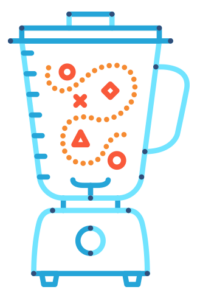 A stylized blender features geometric shapes and dotted lines swirling inside. It is designed with a blue outline and set against a plain white background.