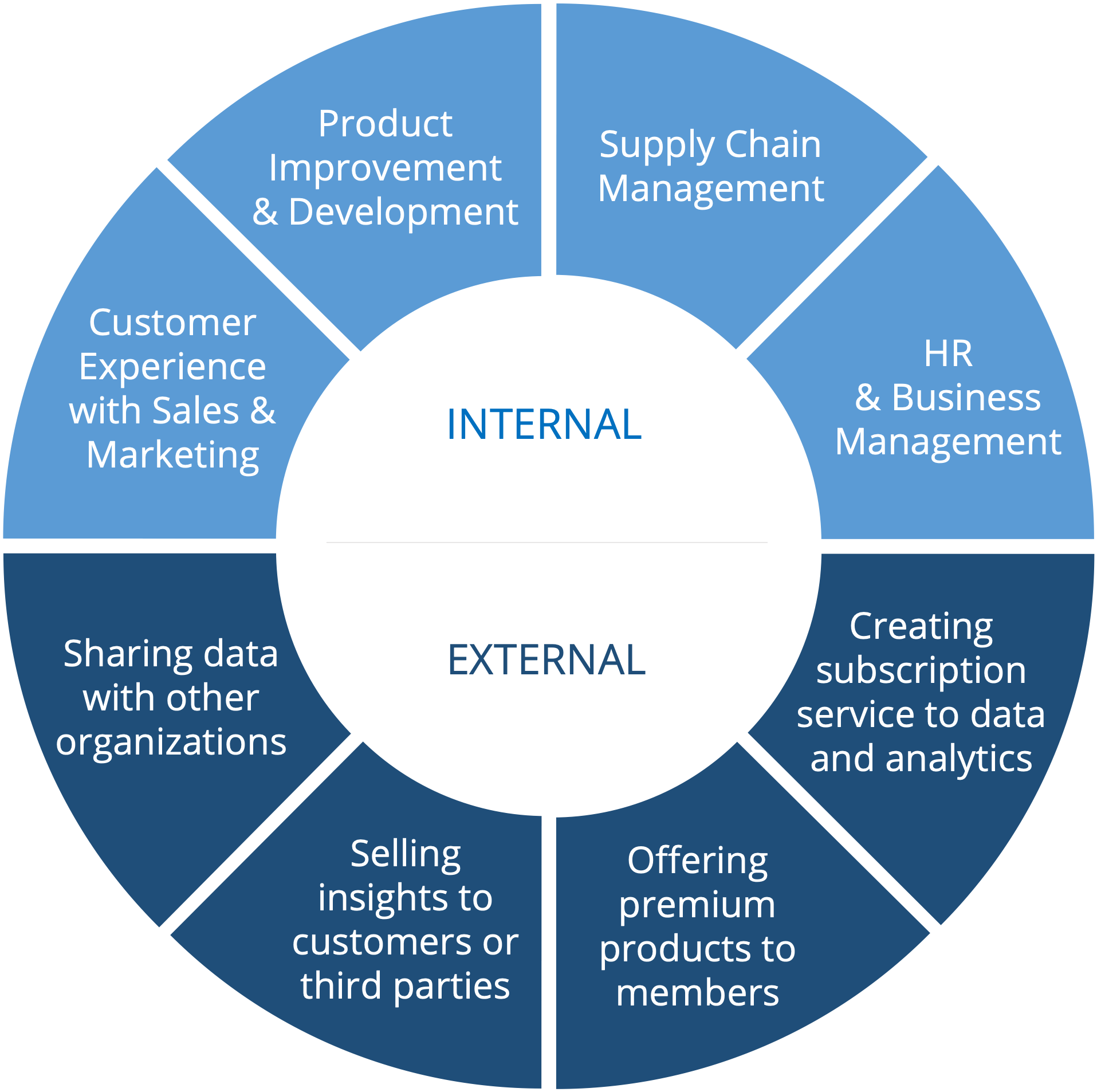 Donut chart in shades of blue breaking down both internal and external data monetization opportunities. 