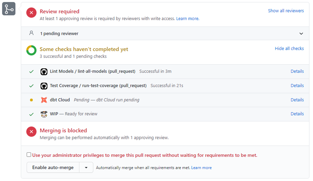 A screenshot of a Github pull request showing the integration with dbt Cloud.