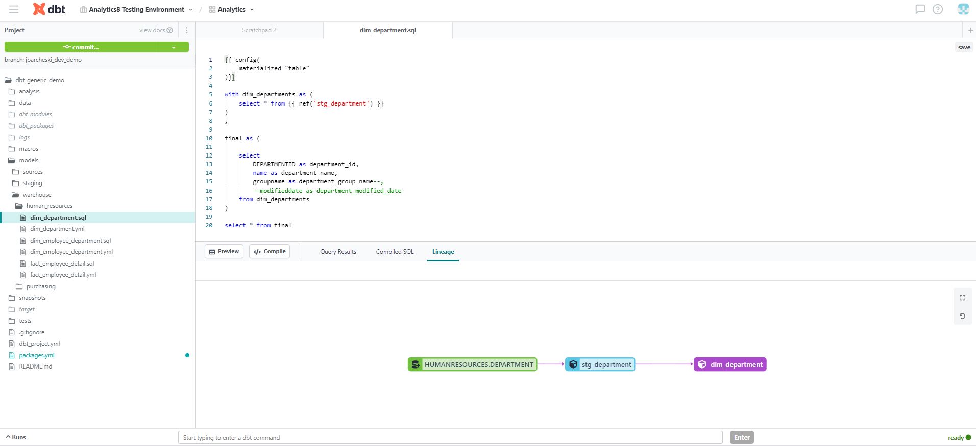 Screen shot of dbt Cloud’s development IDE which makes it simple to preview, compile, and view lineage all in one spot.