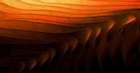 Curved architectural panels create a dynamic wave pattern, illuminated by warm orange light, evoking a sense of motion in an abstract interior space.