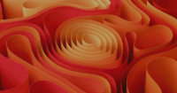 Orange and red paper-like layers spiral and curve in a fluid, wavy pattern, creating an abstract, three-dimensional visual effect.