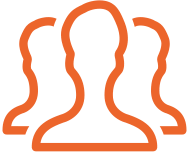 Three stylized, orange silhouettes of human figures are aligned in a row, facing forward, against a plain white background. The central figure is prominent, with two partial figures on either side.