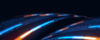Glowing blue and orange light streaks arc across a dark background, resembling futuristic data streams or digital pathways, creating a sense of dynamic movement and technological depth.