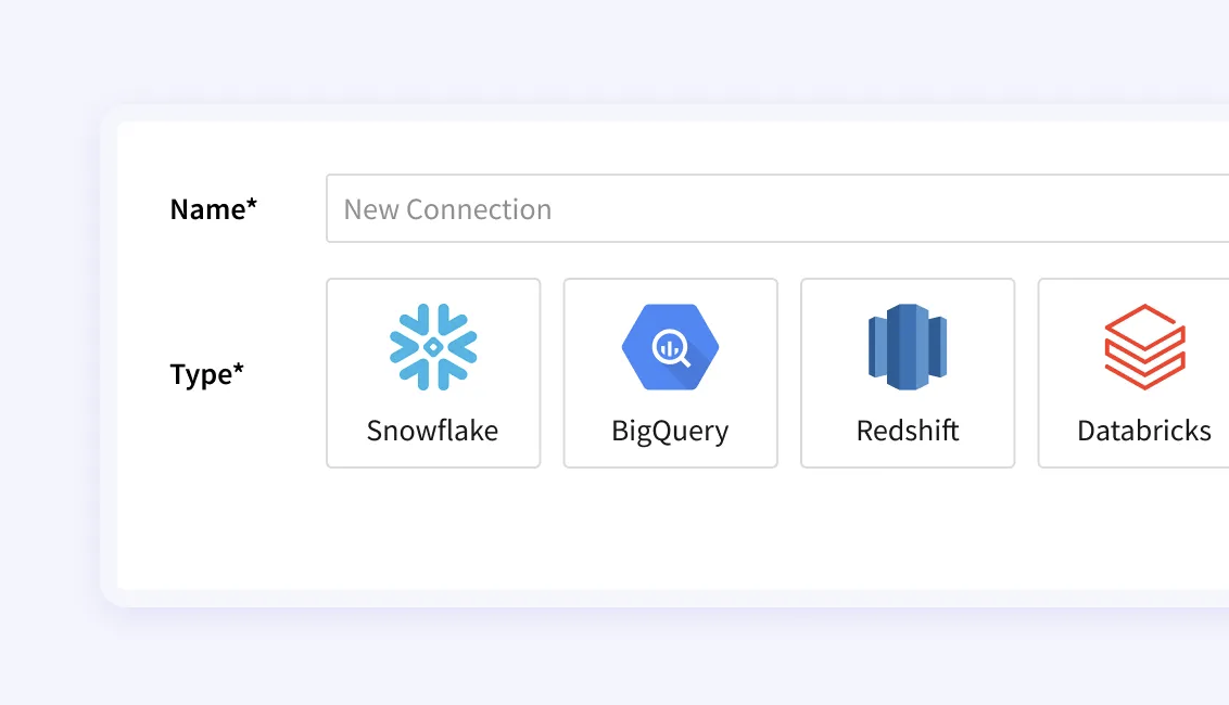 Sigma search dashboard followed by company logos for pulling dashboards: Snowflake, BigQuery, Redshift and Databricks