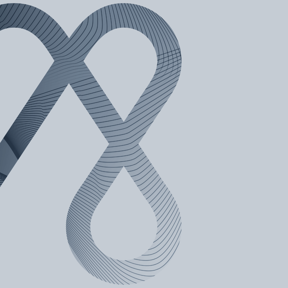 A stylized, striped infinity symbol appears prominently, set against a plain light blue background, creating a minimalist and modern aesthetic.