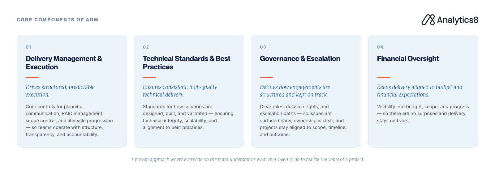 Four light-blue, rounded cards arranged in a row labeled Delivery Management & Execution, Technical Standards & Best Practices, Governance & Facilitation, and Financial Oversight, with AnalyticsIQ branding.