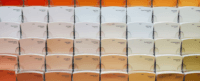 Paint sample cards are displayed on a wall, arranged in rows. The cards show a gradient of colors from white to orange and yellow. Text includes color names like “Polar Sky” and “Biscuit Crumbs.”