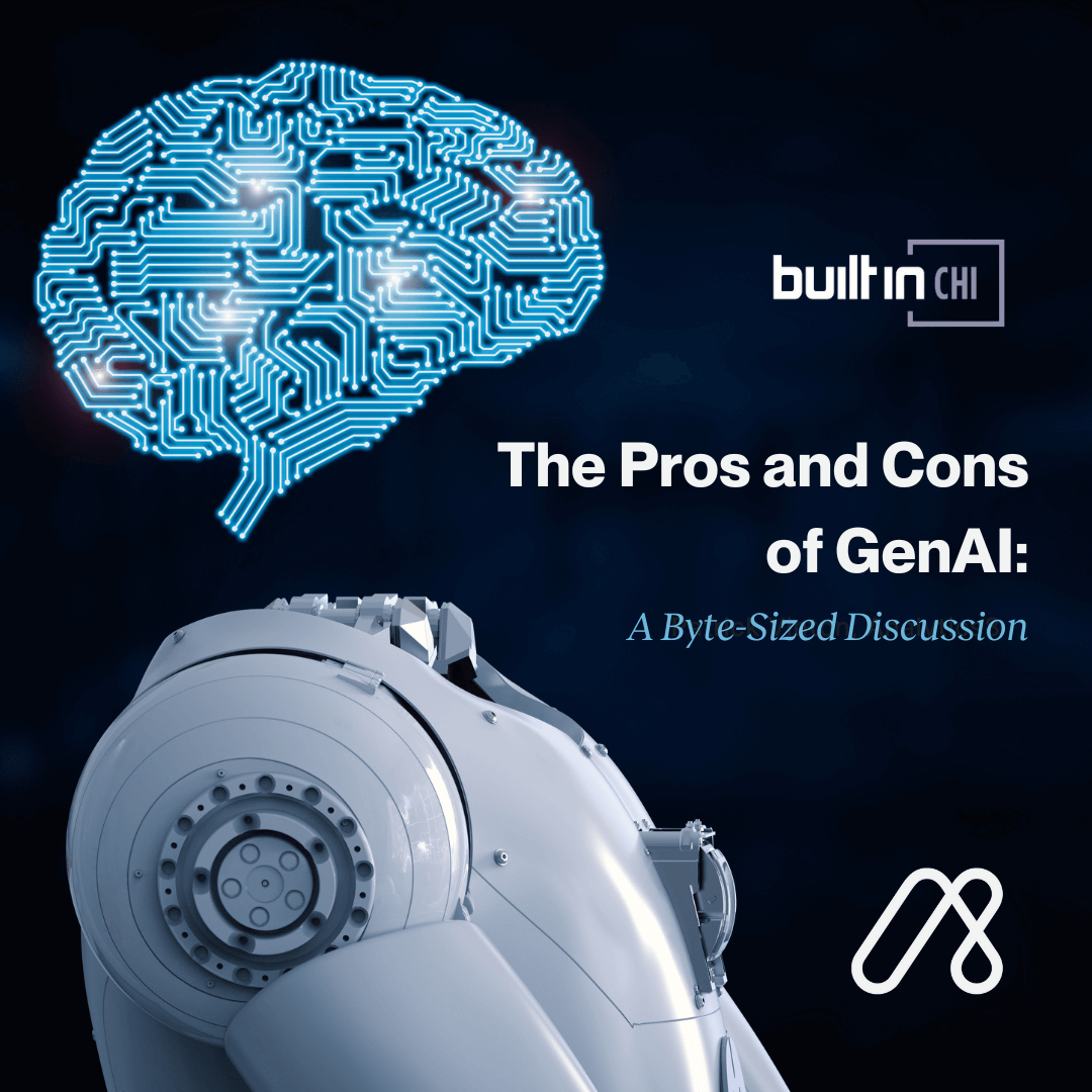 A robotic figure faces a digital brain, both set against a dark background. Text reads: “built in CHI. The Pros and Cons of GenAI: A Byte-Sized Discussion.”