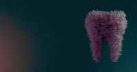 A purple, tooth-shaped structure composed of small spheres floats against a dark teal background, highlighting its textured surface.