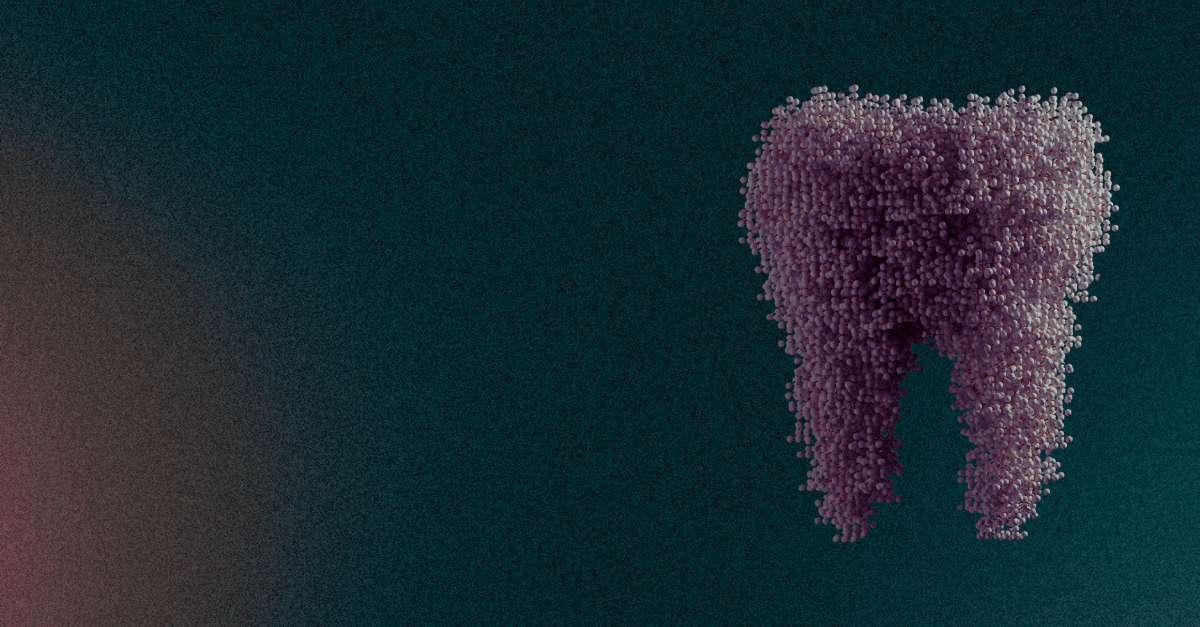A purple, tooth-shaped structure composed of small spheres floats against a dark teal background, highlighting its textured surface.
