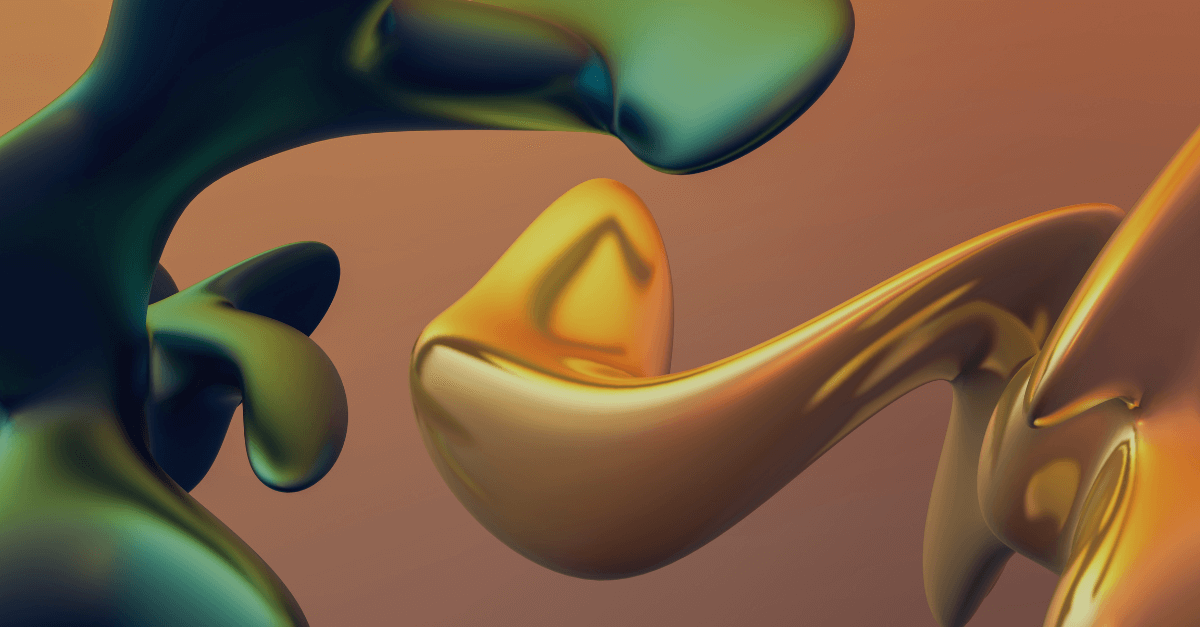 Organic, fluid shapes twist and intertwine in a surreal dance against a warm, gradient background. The forms are smooth, with reflective surfaces, colored in shades of green and gold.