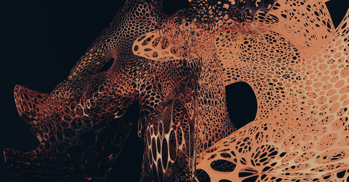 Abstract, latticed structures twist and intertwine, creating intricate, organic patterns against a dark background, resembling dynamic coral formations or flowing fabric in warm hues.