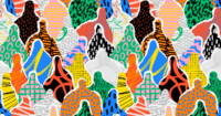 Abstract collage of colorful, overlapping human silhouettes filled with bold patterns like stripes, polka dots, grids, and handwritten text, representing diversity and complexity in data or human identity.