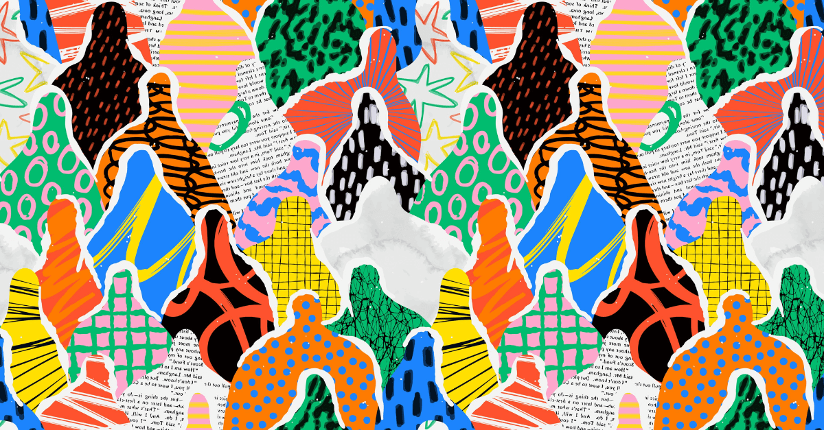 Abstract collage of colorful, overlapping human silhouettes filled with bold patterns like stripes, polka dots, grids, and handwritten text, representing diversity and complexity in data or human identity.