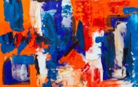 an abstract painting with orange, blue, red, and white strokes