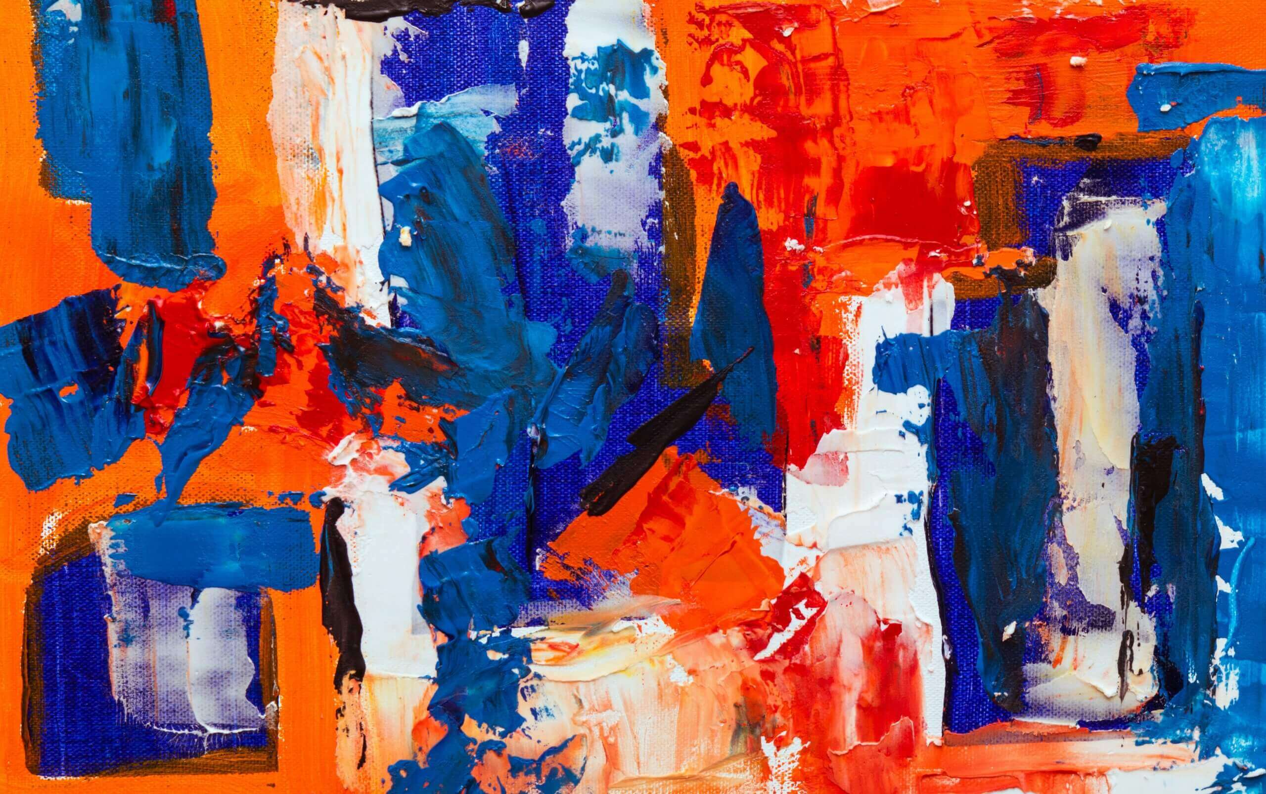 an abstract painting with orange, blue, red, and white strokes
