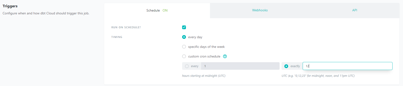 Screen shot of scheduling capabilities in dbt.