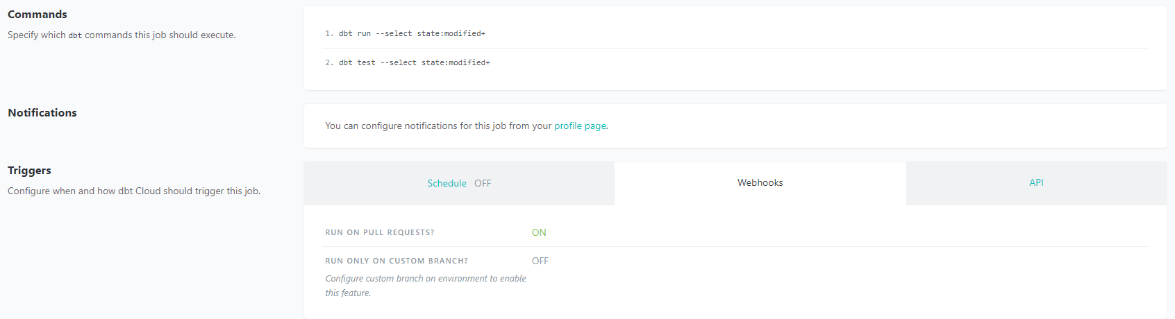 Screen shot of continuous integration job in dbt Cloud.