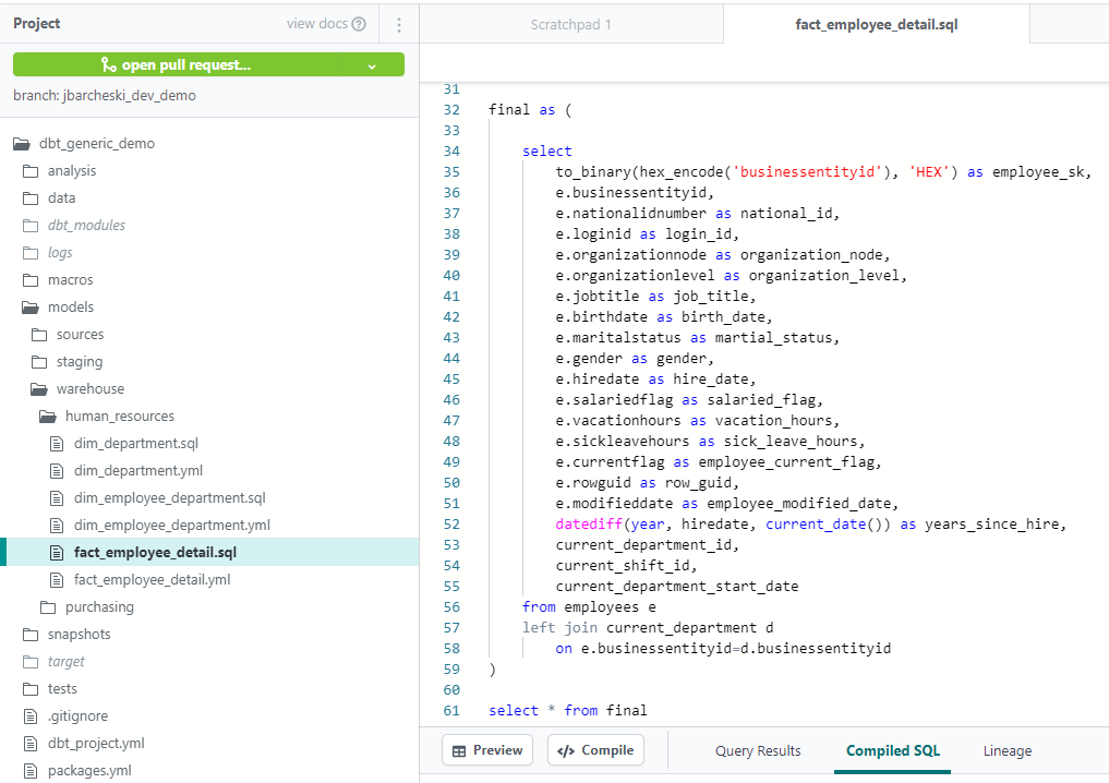 Screen shot of dbt Cloud user interface.