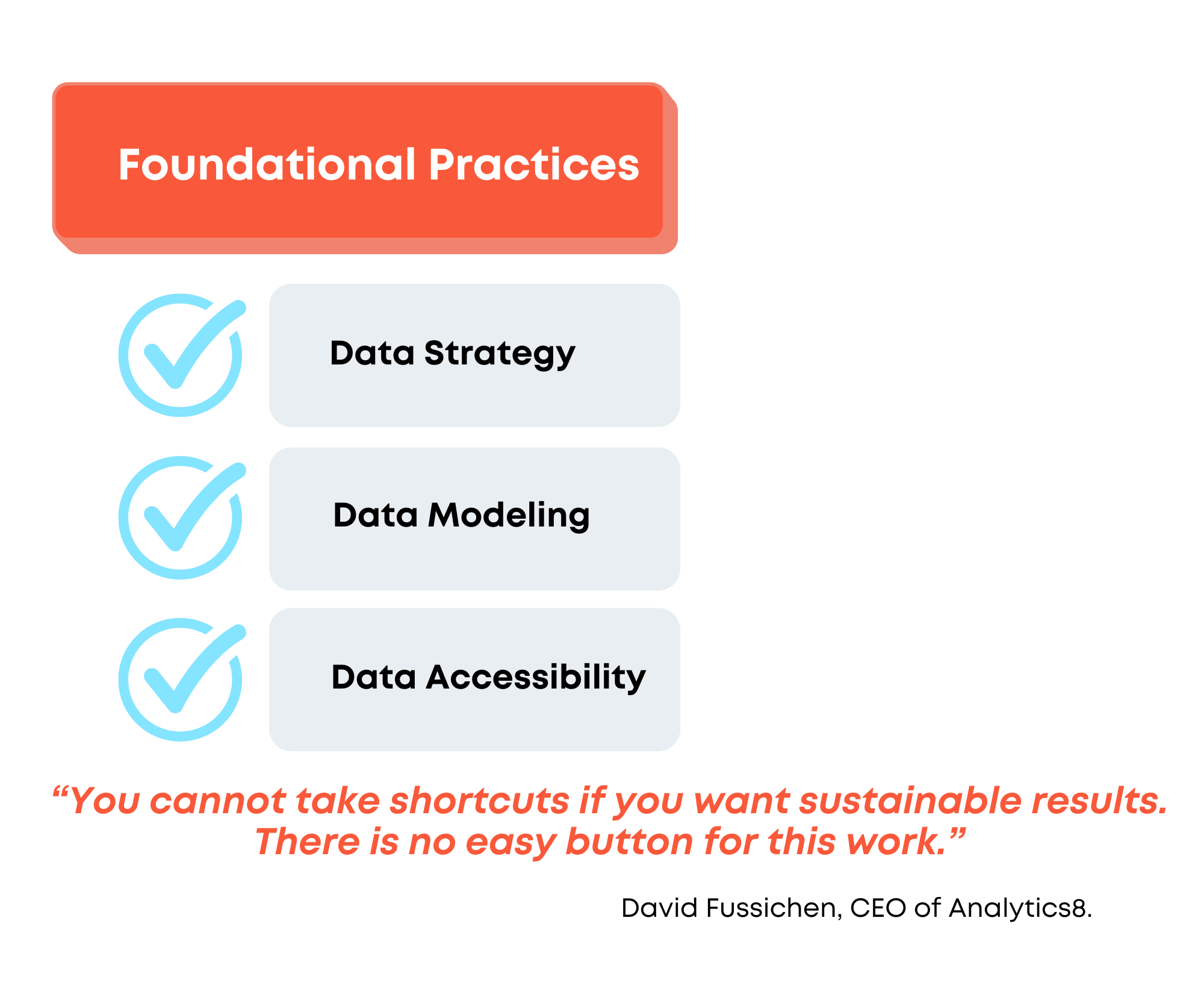 Orange cubed box that says, "foundational practices" lays above three grey boxes. Words in grey boxes: data strategy, data modeling, data accessibility. Blue check marks to their side. CEO quote below the grey boxes.