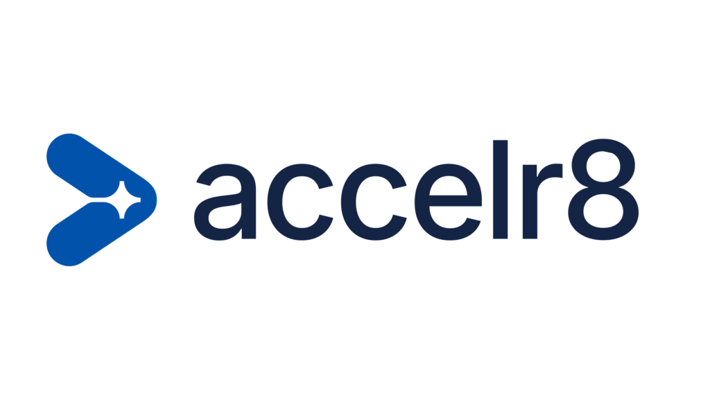 Logo for accelr8 with a blue arrow-like symbol to the left of the dark blue accelr8 text.
