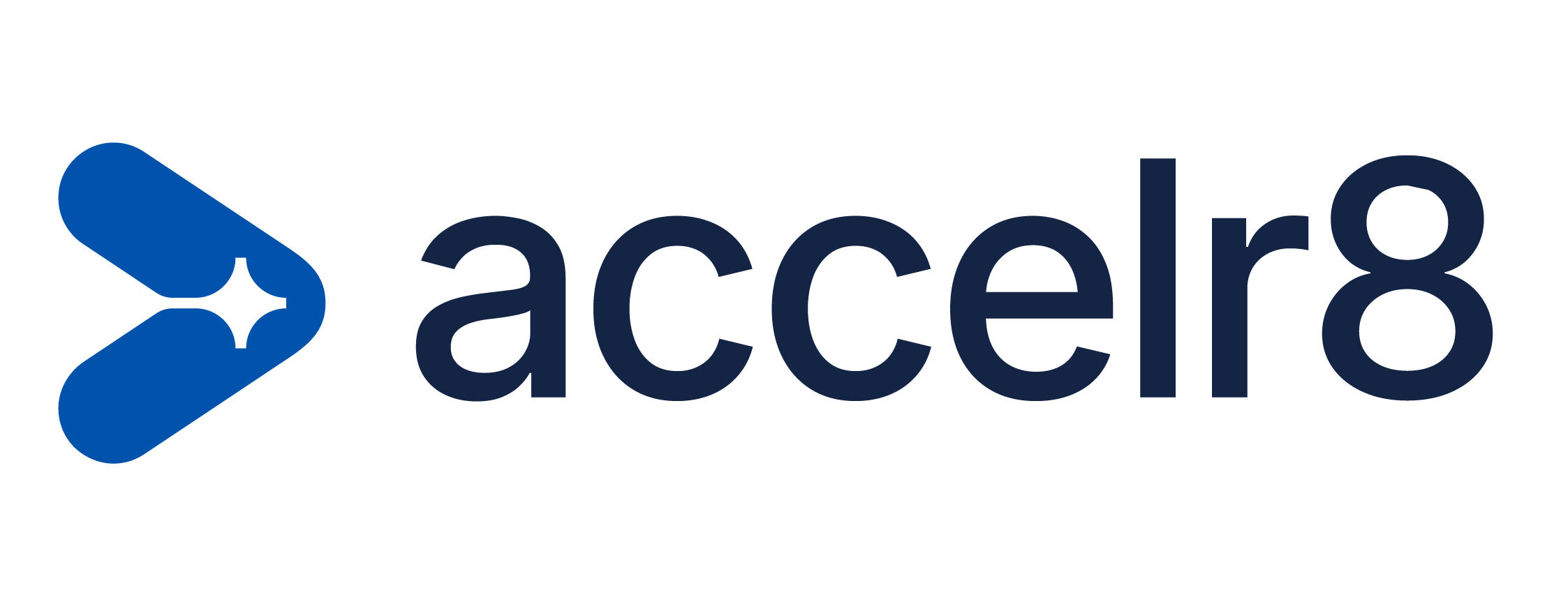 Logo for accelr8 with a blue arrow-like symbol to the left of the dark blue accelr8 text.