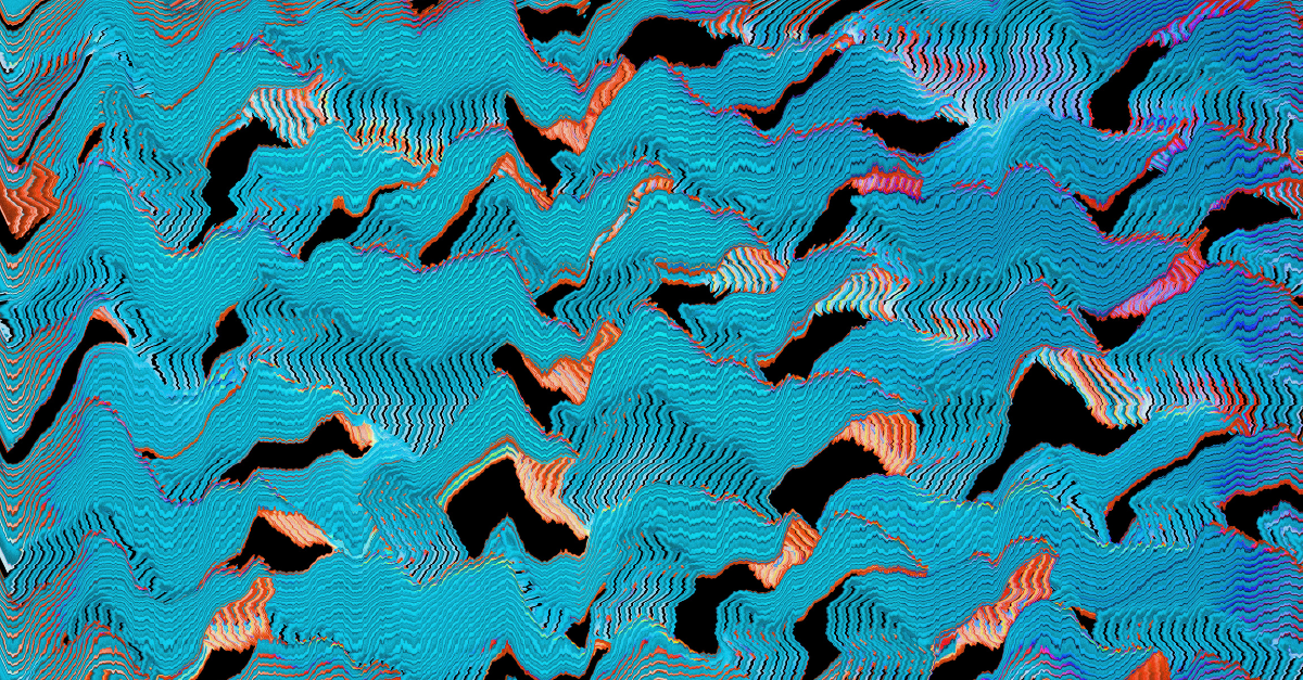 Abstract teal and blue wavy pattern with orange and black accents.