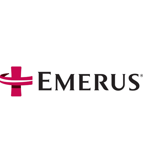 Emerus logo with a pink stylized cross to the left of the word EMERUS.