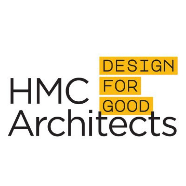 HMC Architects logo with yellow stacked blocks spelling DESIGN FOR GOOD beside the text HMC Architects.