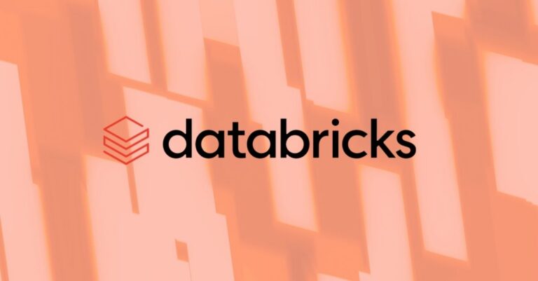 Databricks logo on an orange abstract geometric background.