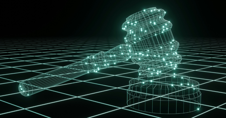 A glowing teal wireframe gavel made of interconnected points sits on a neon grid.