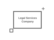Logo featuring a gray framed rectangle containing the text "Legal Services Company," with a small square at the bottom-left and a plus sign at the top-right.