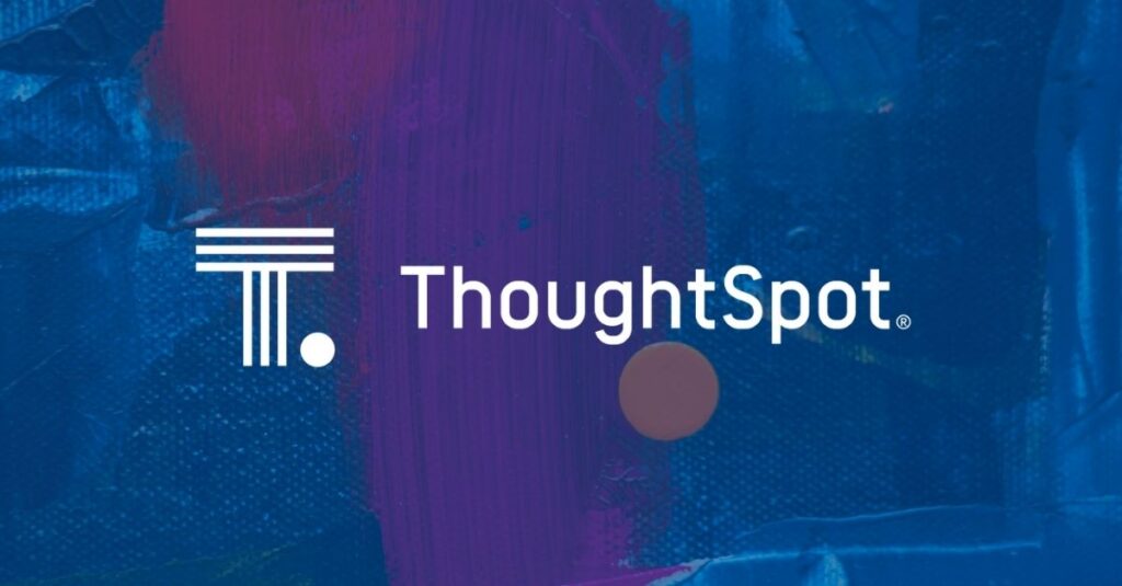 ThoughtSpot logo on a blue abstract background.