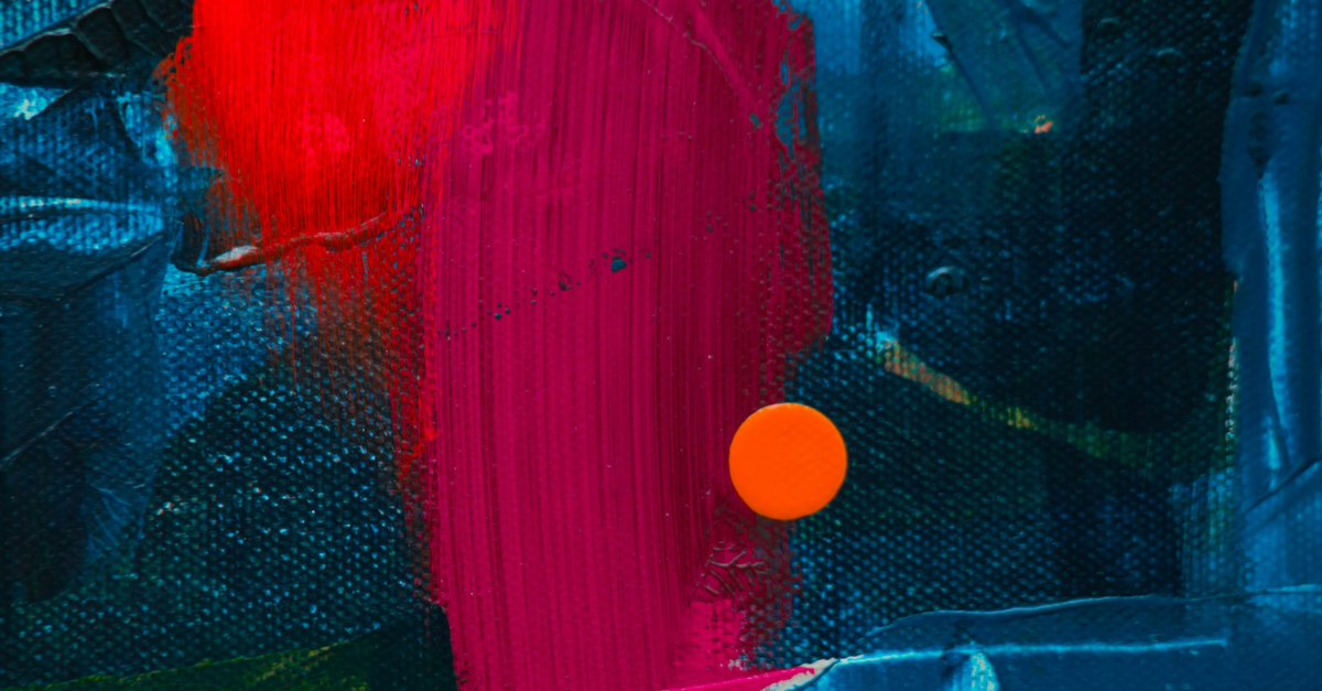 Abstract painting with a bold red vertical stripe, a blue background, and an orange circular dot.