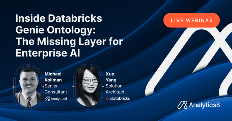 Promotional banner for a live webinar on Databricks Genie Ontology: The Missing Layer for Enterprise AI, featuring two speakers and Analytics8 branding.