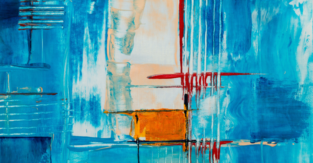 Abstract blue painting with white and orange rectangular blocks and thin red lines.