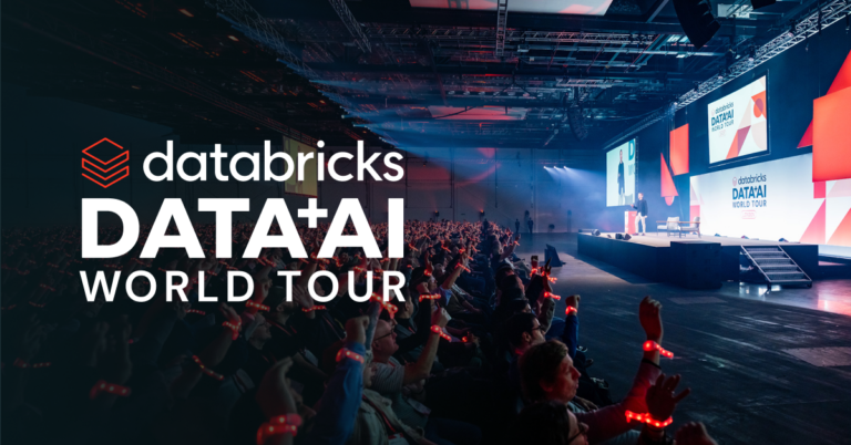 Audience watching a Databricks Data + AI World Tour stage with large screens and blue-red lighting.