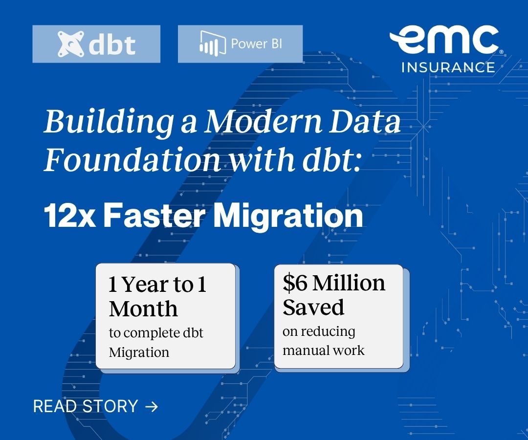 Blue advertisement banner for dbt and EMC Insurance promoting "Building a Modern Data Foundation with dbt: 12x Faster Migration" with metrics "1 Year to 1 Month" and "$6 Million Saved."