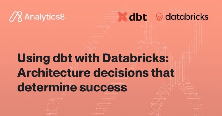 Banner featuring the title "Using dbt with Databricks: Architecture decisions that determine success" with Analytics8, dbt, and Databricks logos on a peach gradient background.